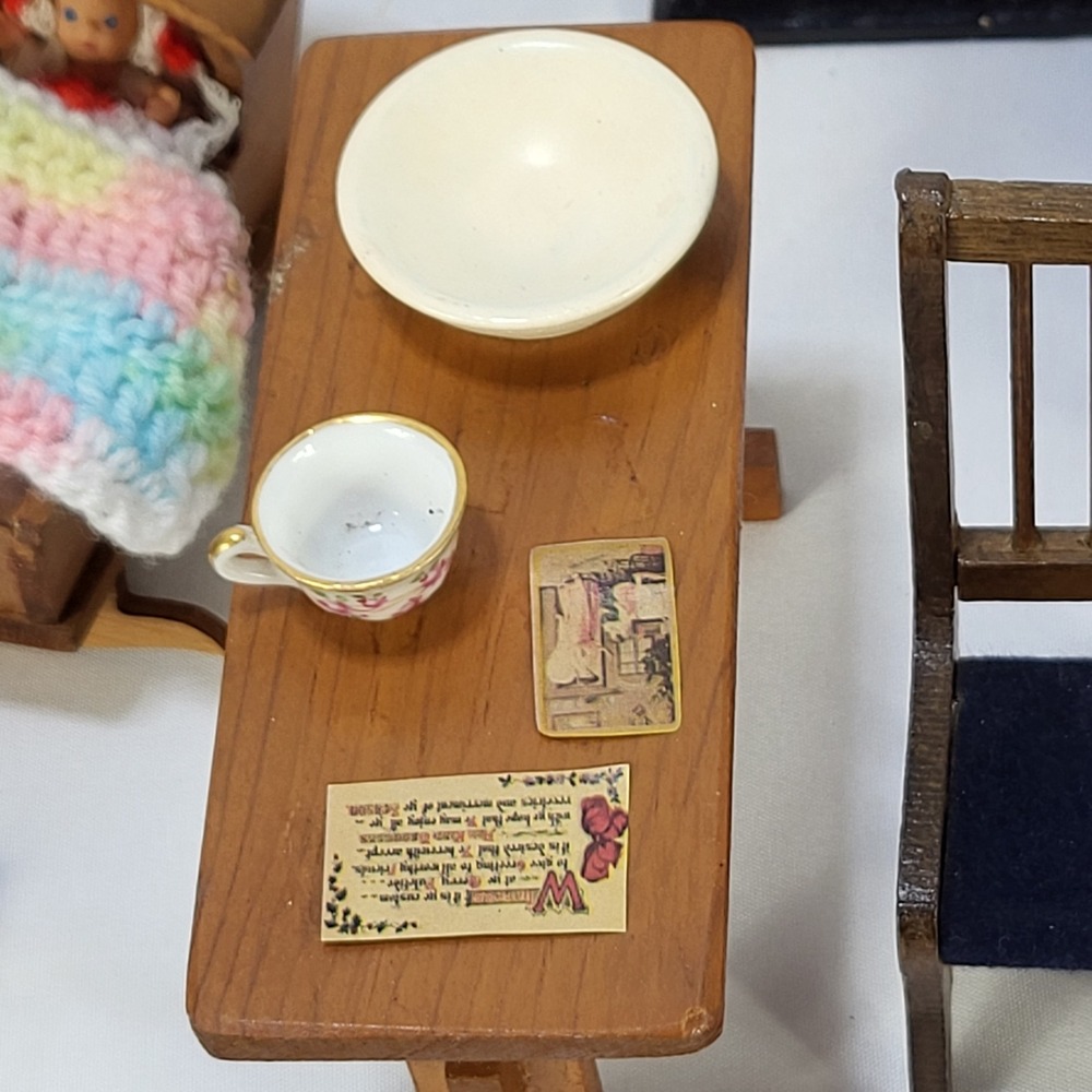 Large Lot VTG Dollhouse Furniture Wooden Miniature Sofa Chairs Fireplace Cradle - Picture 12 of 16